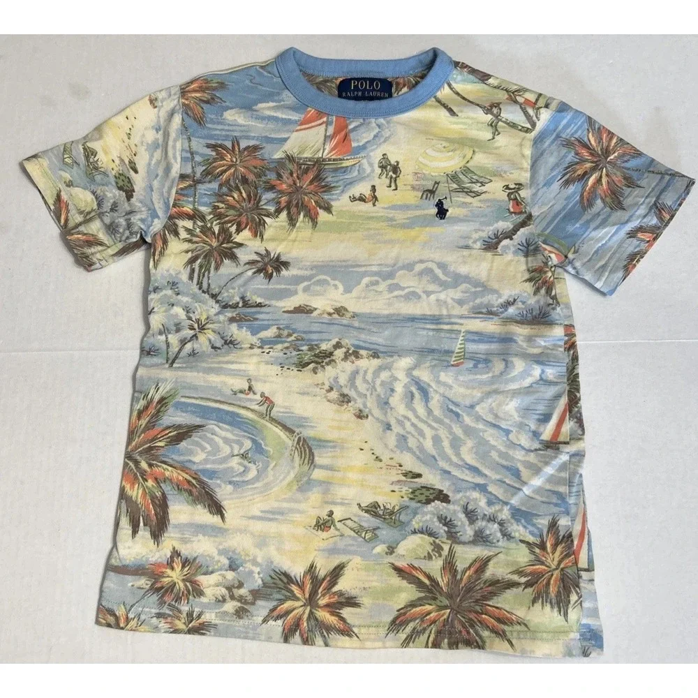 Boys Polo Ralph Lauren Tropical Beach Print Short Sleeve T Shirt Sz 7 Clean